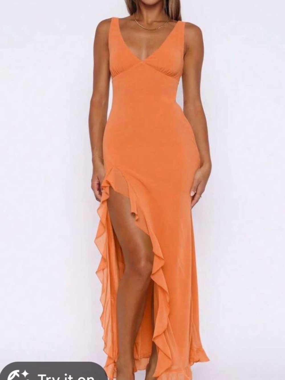White Fox Boutique Orange Ruffle High-Slit Maxi Dress